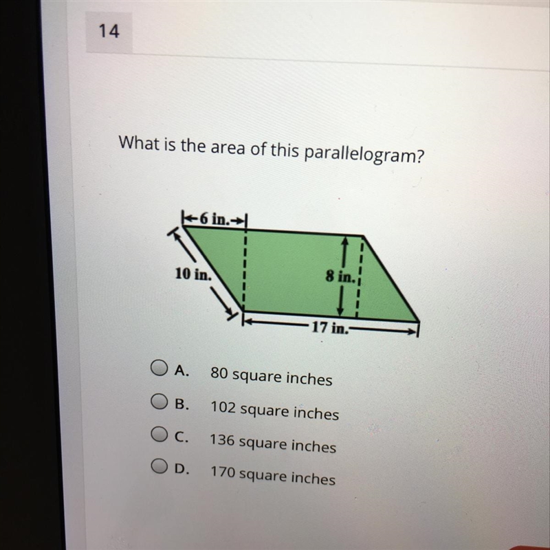 What is the area of this parallelogram? A. 80 square inches B. 102 square inches C-example-1