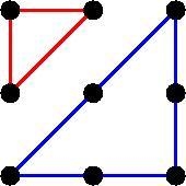 How many different isosceles right triangles can be formed from three dots in the-example-1