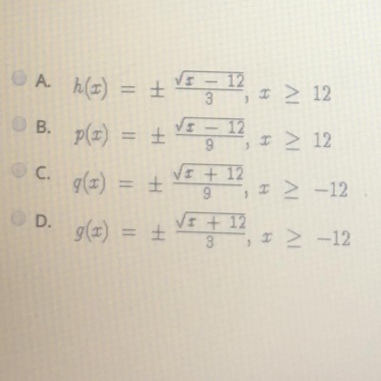 Which function is the inverse of function f? f(x)=9x^2–12-example-1