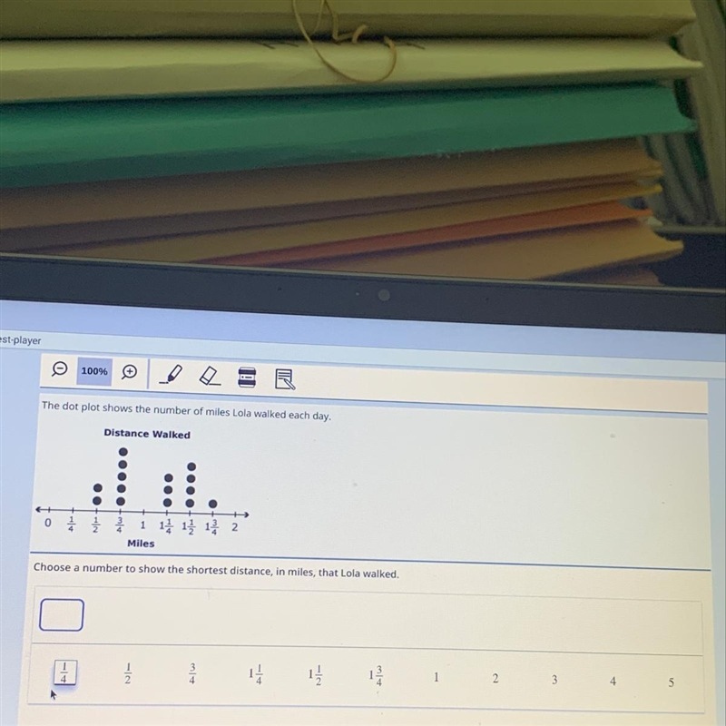 The dot plot shows the number of miles Lola walked each day-example-1