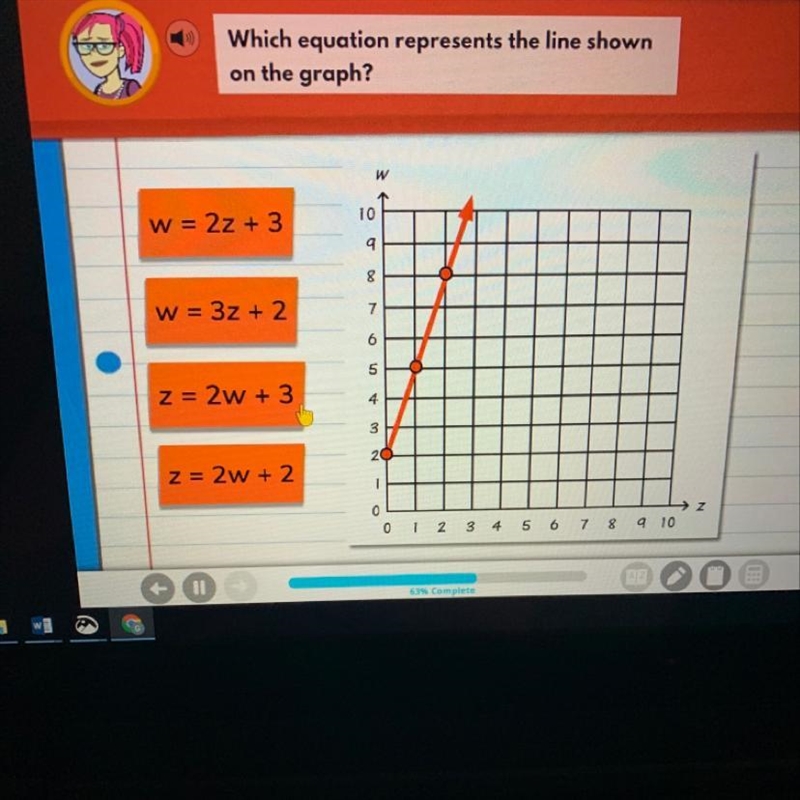 Which equation represents the line shown in the graph-example-1