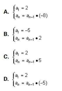 What is the recursive formula for this geometric sequence? 2,-10,50,-250,...-example-1