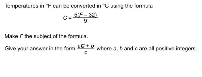 Make F the subject of the formula C=5(F-32)/9-example-1