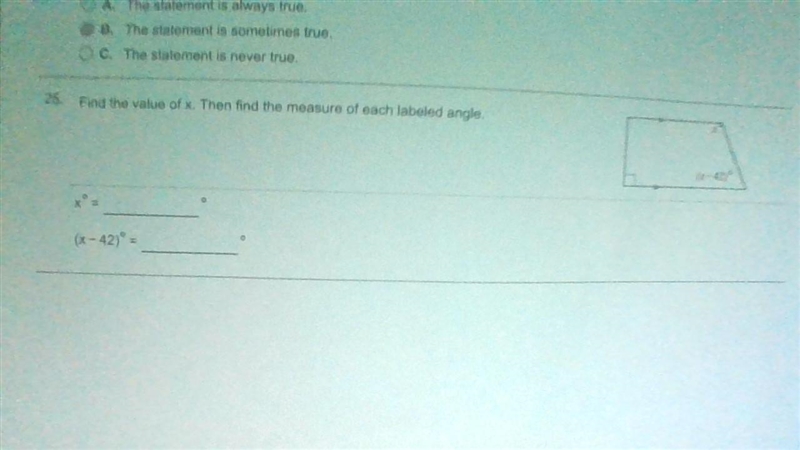 Find the value of x. then find the measure of each labeled angle. (the shape has a-example-1