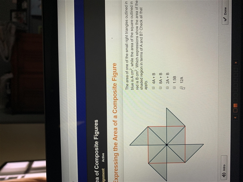 The area of one of the small right triangles outlined in blue is a cm² while the area-example-1