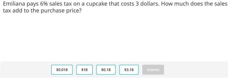 Emiliana pays 6% sales tax on a cupcake that costs 3 dollars. How much does the sales-example-1