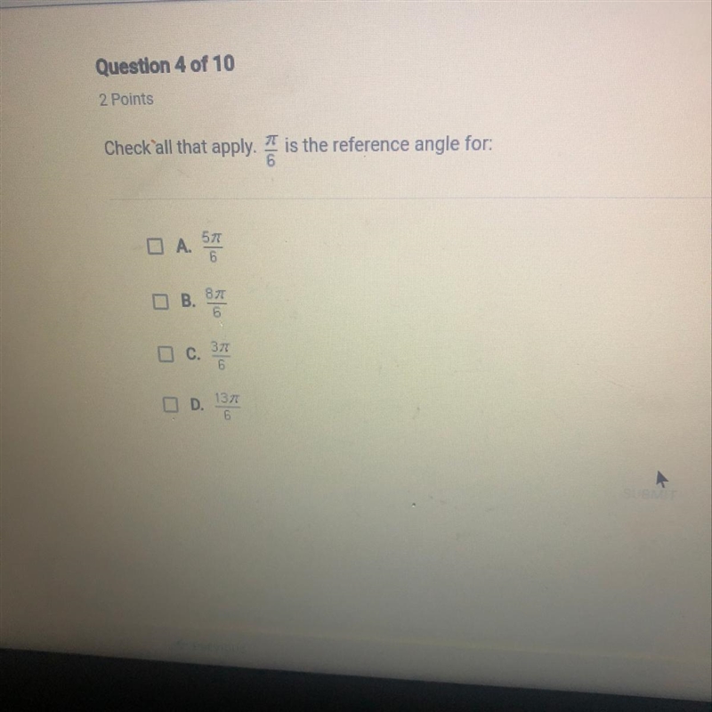 A. 5pi/6 B. 8pi/6 C. 3pi/6 D. 13pi/6-example-1