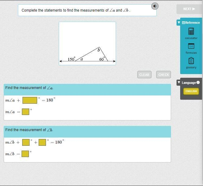 Complete the statements to find the measurements of ∠a and ∠b .-example-1