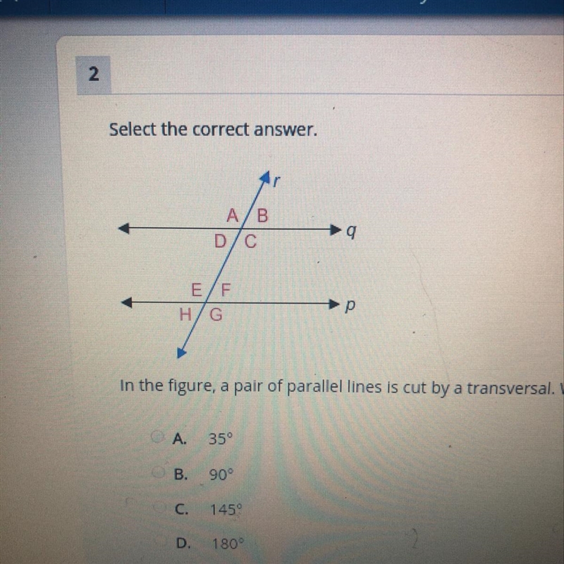 In the figure a pair of parallel lines is cut by a transversal. What is the measure-example-1