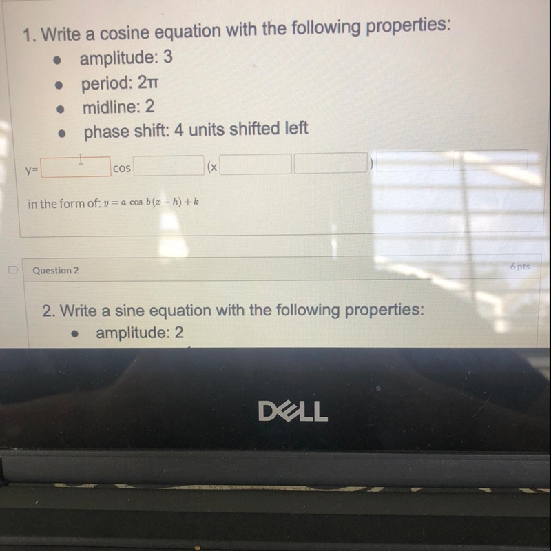 Write a cosine equation with the following properties: Amplitude: 3 Period: 2pi Midline-example-1