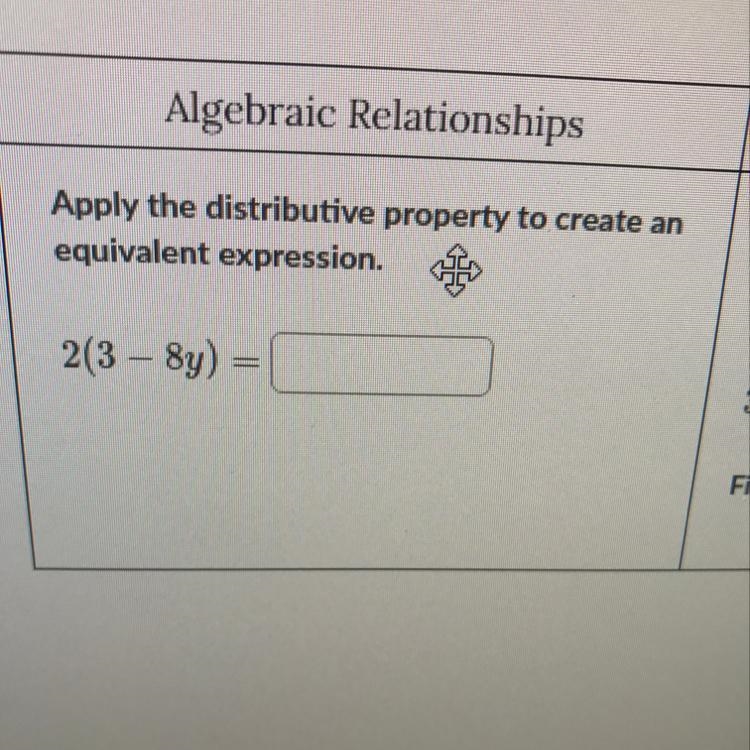 Apply the distributed property to create an equivalent expression 2(3-8y)=?-example-1