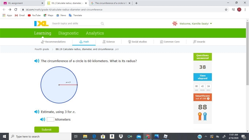 The circumference of a circle is 60 kilometers. What is its radius?-example-1