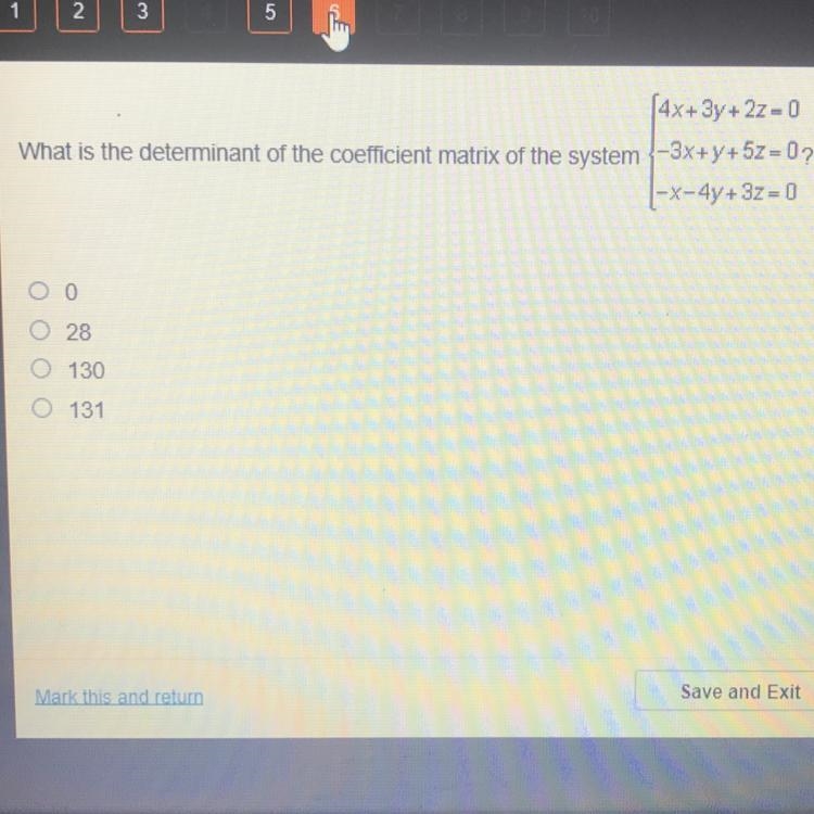 What is the determinant of the coefficient matrix of the system {4x+3y+2z=0 -3x+y-example-1