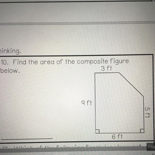 10. Find the area of the composite figure below. 3 ft qft 5 ft 6 ft-example-1