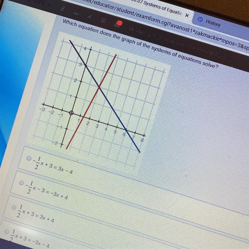 Which equation does the graph of the systems of equations solve?-example-1