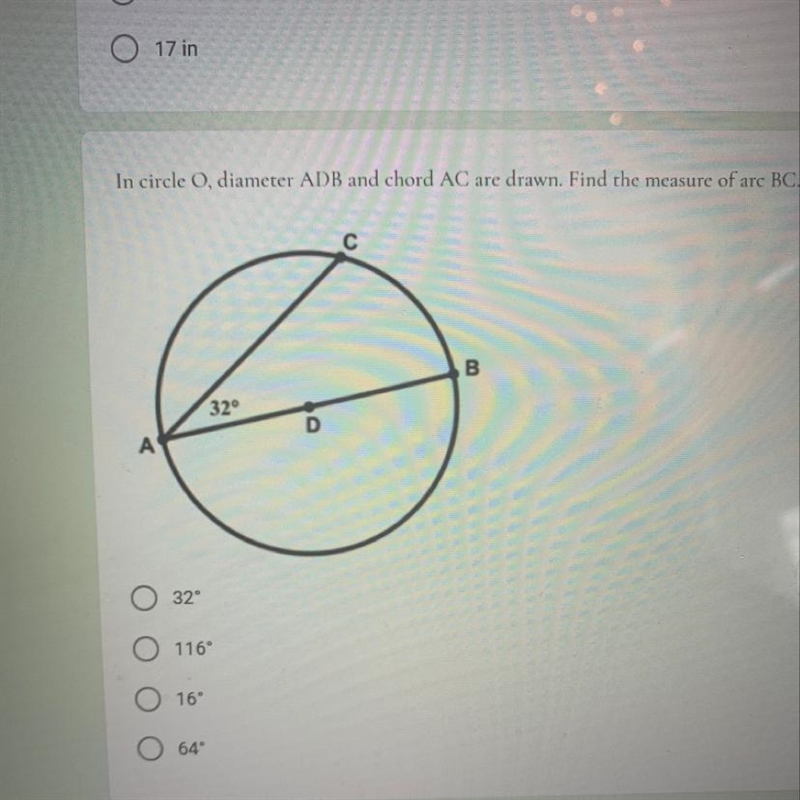 In circle o, diameter ADB and chord AC are drawn. Find the measure of arc BC. Please-example-1