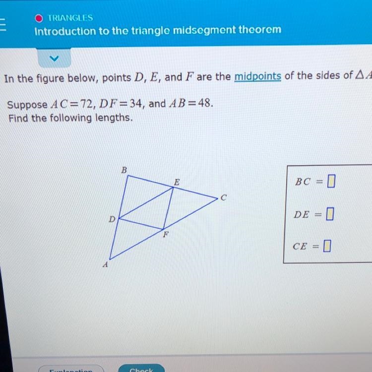 Introduction to the triangle midsegment theorem‼️ can someone help me find BC,DE, and-example-1