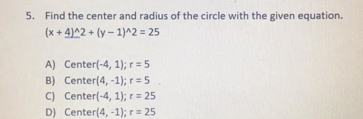 5. Find the center and radius of the circle with the given equation. (x + 4)^2 + (y-example-1