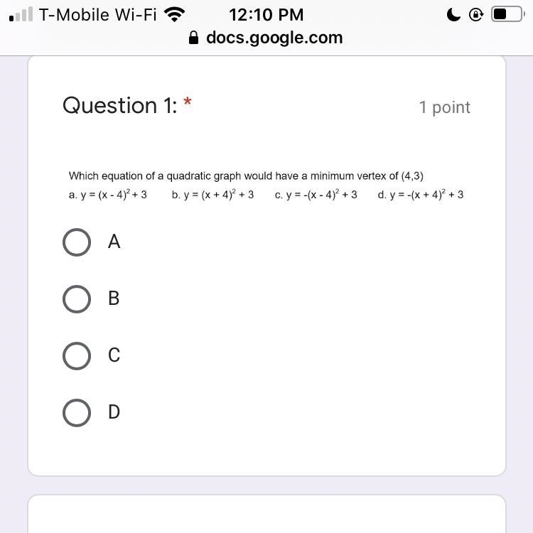 Which equation graph would have a minimum of 4,3-example-1