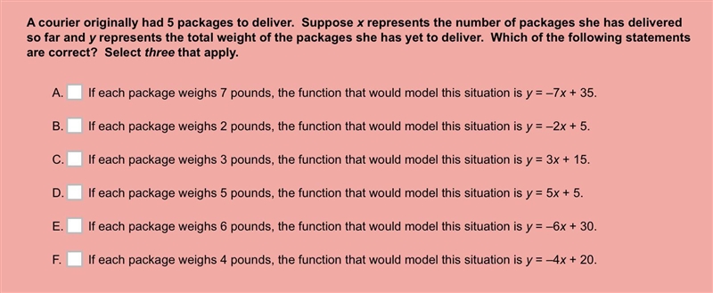 A courier originally had 5 packages to deliver. Suppose x represents the number of-example-1