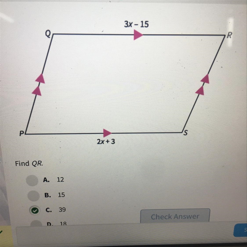 3x-15=2x+3 Find QR It says the answer is 39 but I can’t figure out how they got 39. Please-example-1