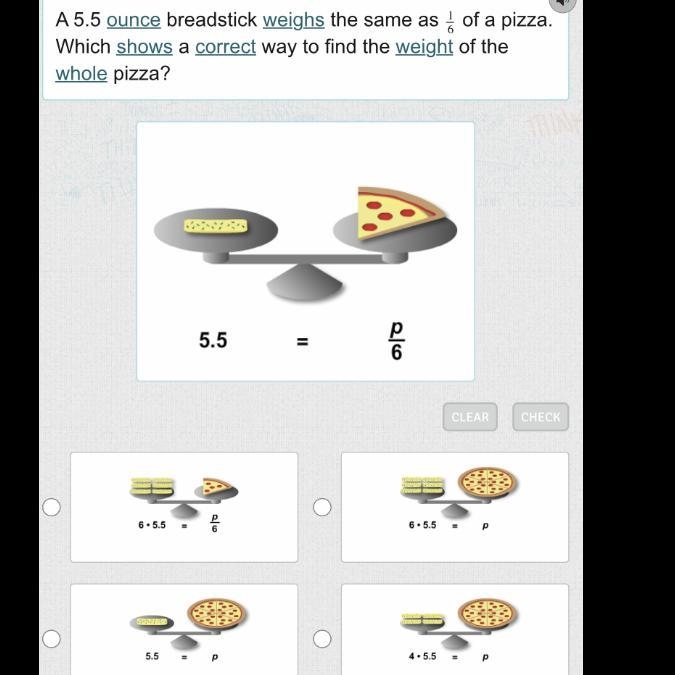 A 5.5 ounce breadstick weighs the same as 16 1 6 of a pizza. Which shows a correct-example-1