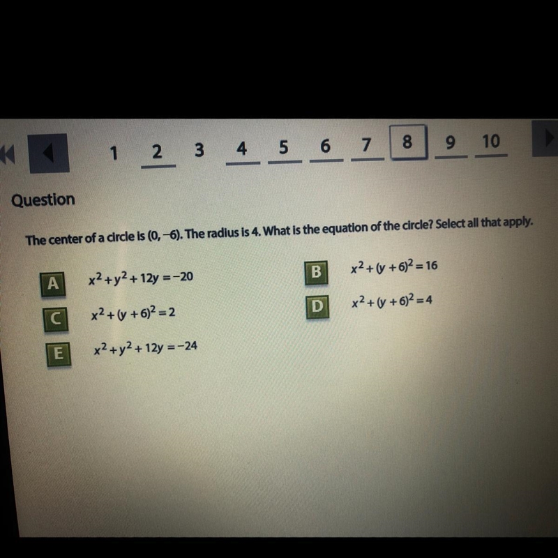 The center of a circle is (0,-6). The radius is 4. What is the equation of the circle-example-1