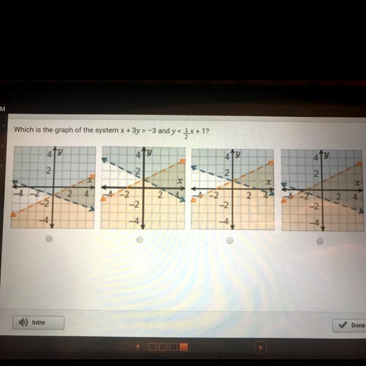 Which is the graph of the system x+3y>-3 and y<1/2x+1?-example-1