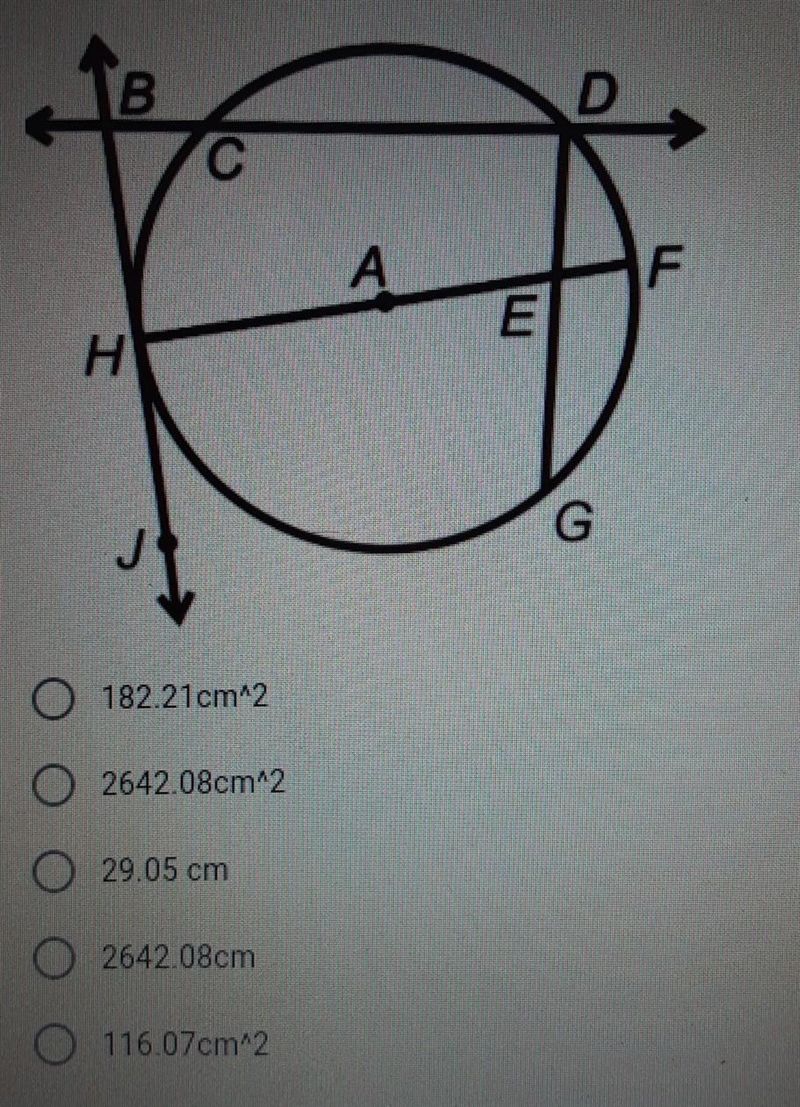 Find the area of the following circle if segment HF measures 58cm. ​-example-1