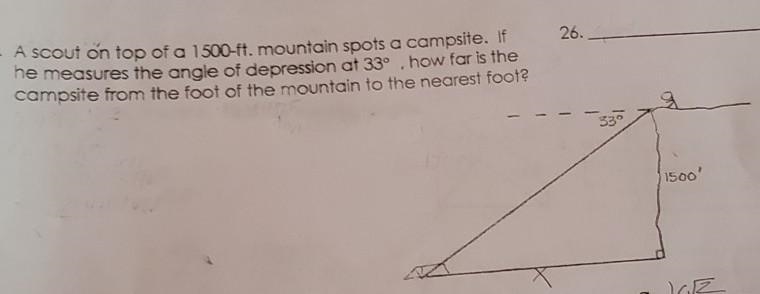 A Scout on top of a 1500-ft. mountain spots a campsite. if he measures the angle of-example-1