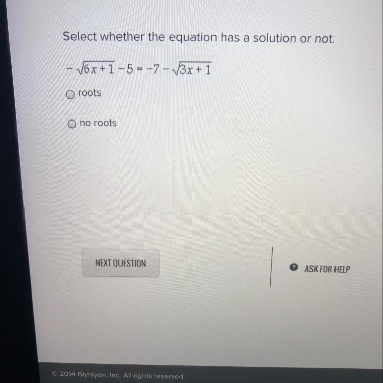 Select whether the equation has a solution or not.-example-1