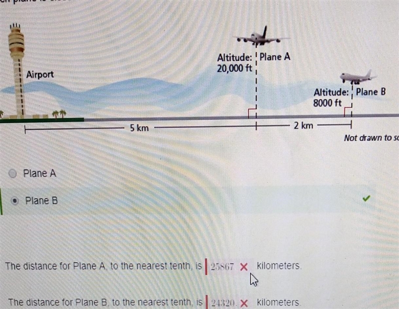 which plane is closer to the base of the airplane tower? explain. The distance for-example-1