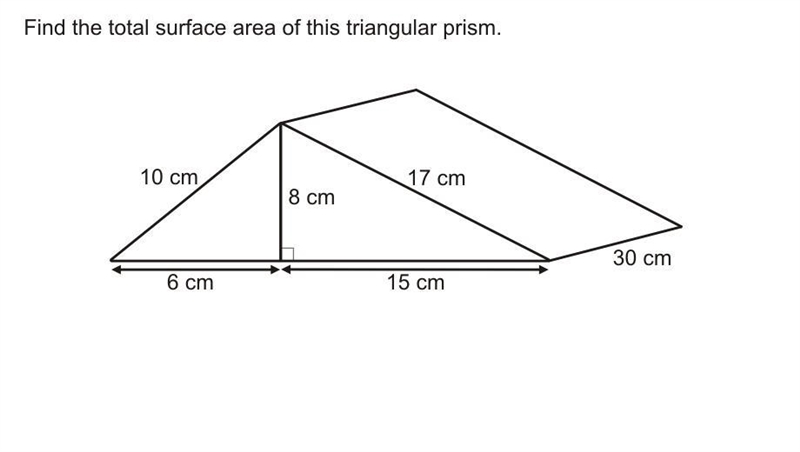 Find the total surface of this triangular prism please help me I forgot how to do-example-1