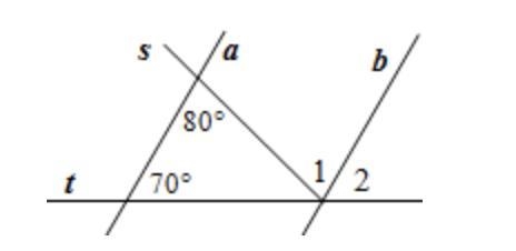 In each figure below, find m∠1 and m∠2 if a║b. Show your work with statements.-example-3