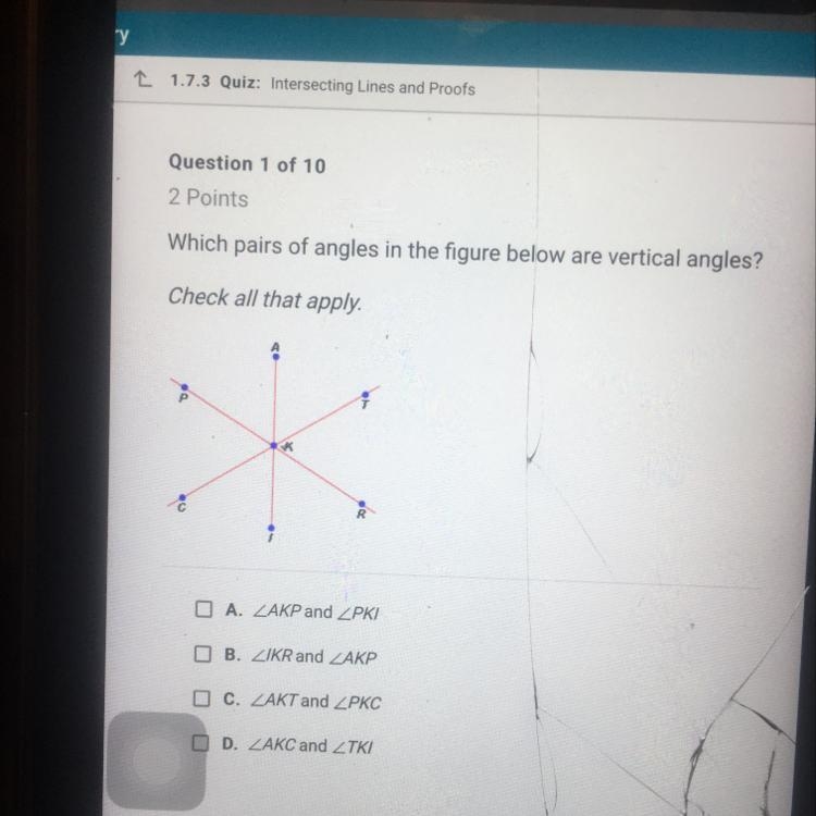 Which pairs of angles in the figure below are vertical angles? Check all that apply-example-1