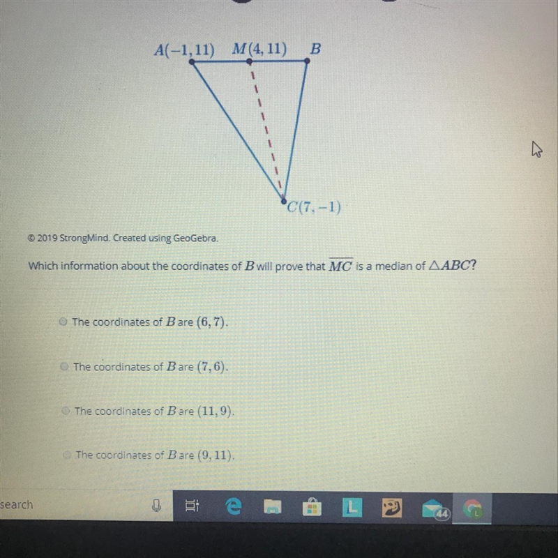 Which information about the coordinates of B will prove that MC is a median of AABC-example-1