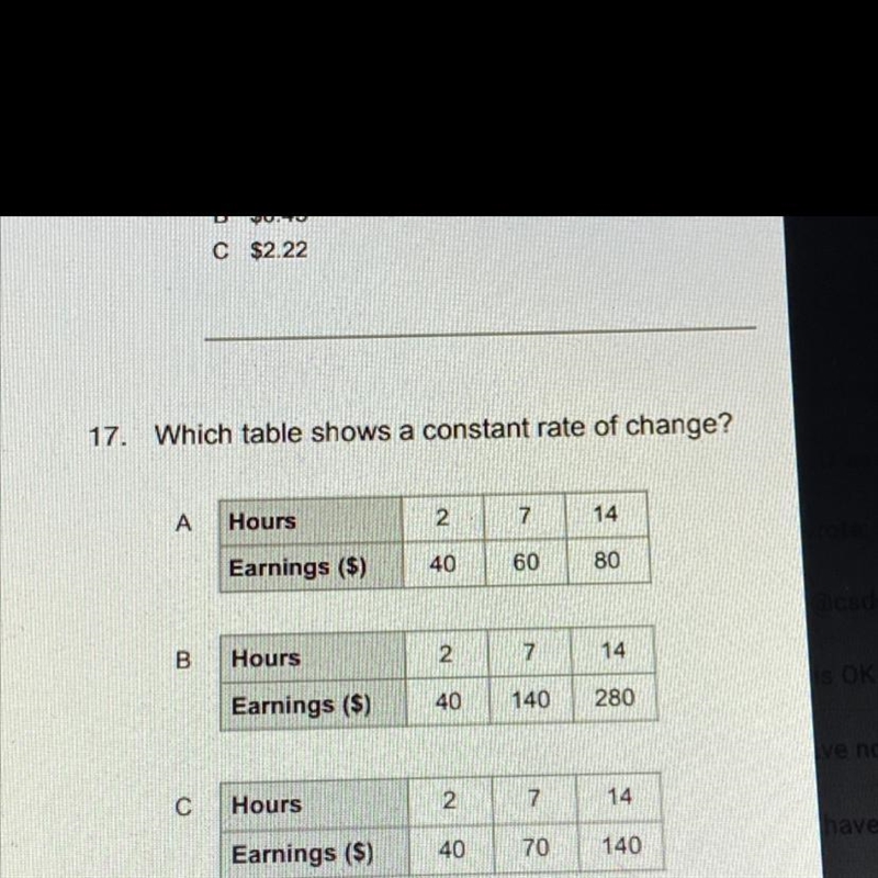 Which table shows a constant rate of change?-example-1