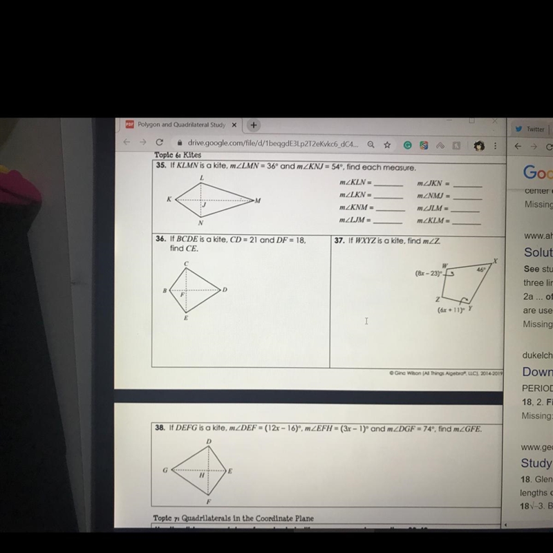 Topic 6: Kites (Gina Wilson, Geometry) !!!Please help it’s due Wednesday!!! All four-example-1