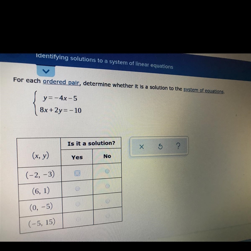 20 POINTS For each ordered pair, Determine whether it is a solution of the system-example-1