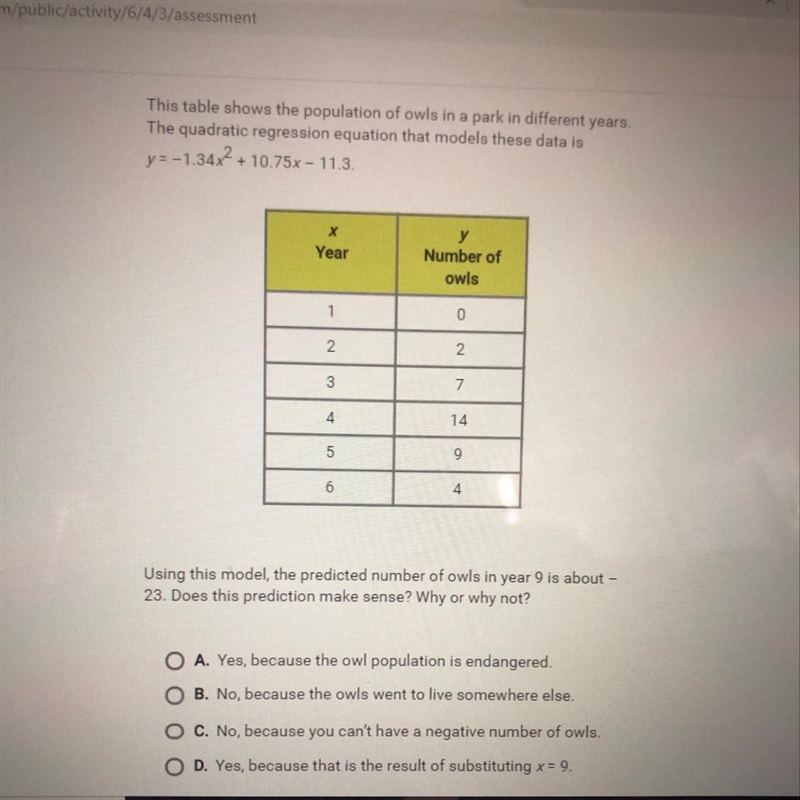 This table shows the population of owls in a park in different years. The quadratic-example-1