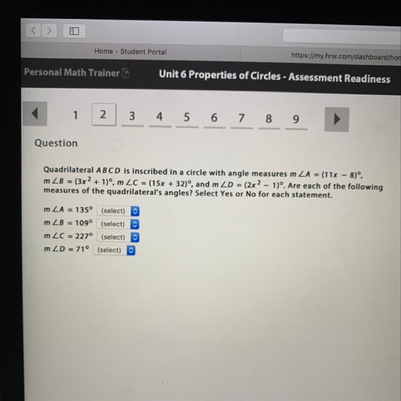 50 POINTS!!!!! Quadrilateral ABCD is inscribed in a circle with angle measure. Pleaseee-example-1