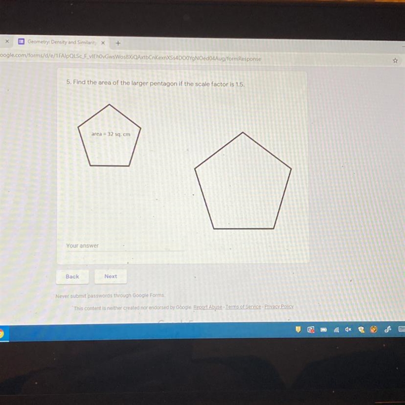 5. Find the area of the larger pentagon if the scale factor is 1.5. area - 32 sq. cm-example-1