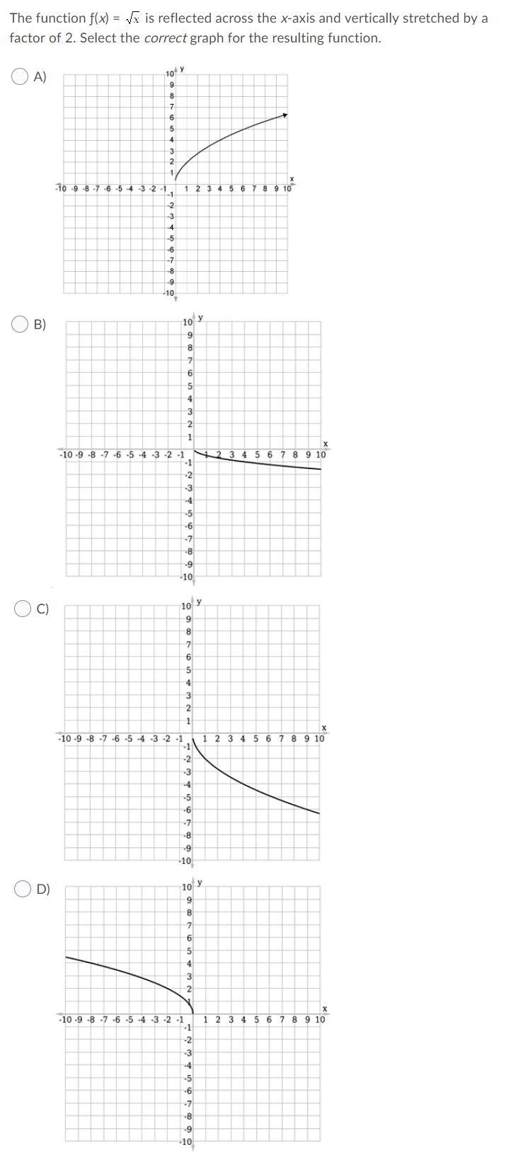 7. The function ƒ(x) = sqrt x is reflected across the x-axis and vertically stretched-example-1