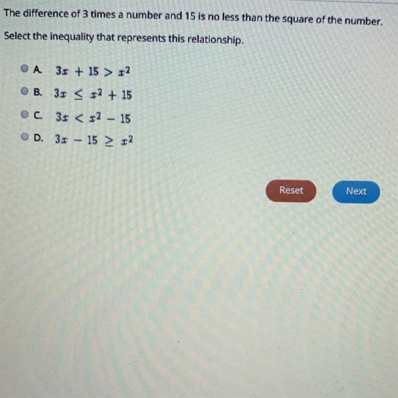 PLEASE ANSWER ASAP !!!!! The difference of 3 times a number and 15 is no less than-example-1