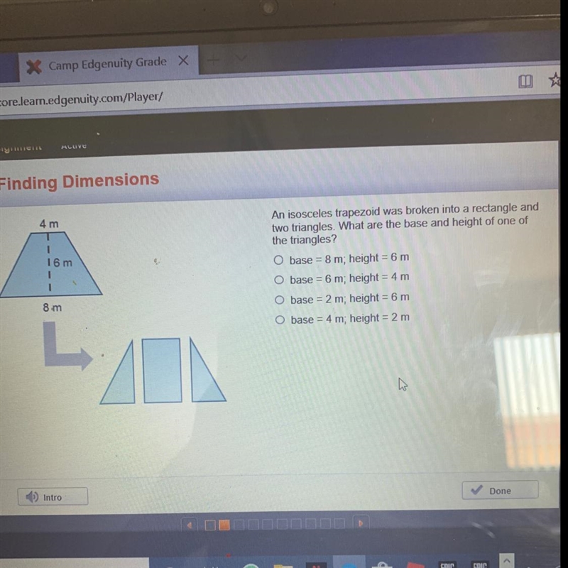 An isosceles trapezoid was broken into a rectangle and two triangles. What are the-example-1