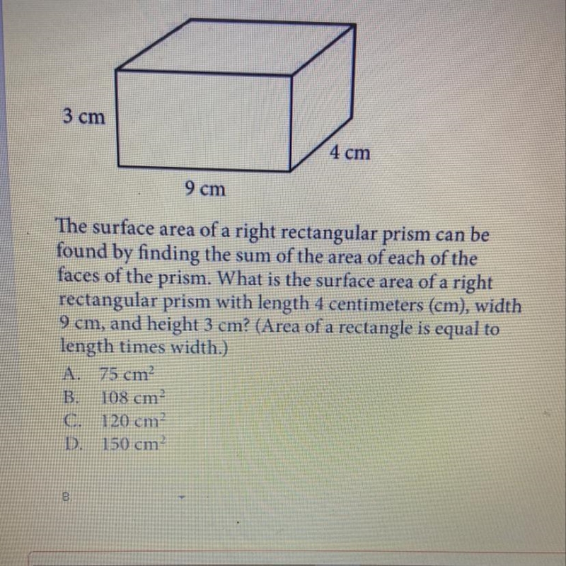 What is the surface area of a right rectangular prism with length4 cm, width 9 cm-example-1