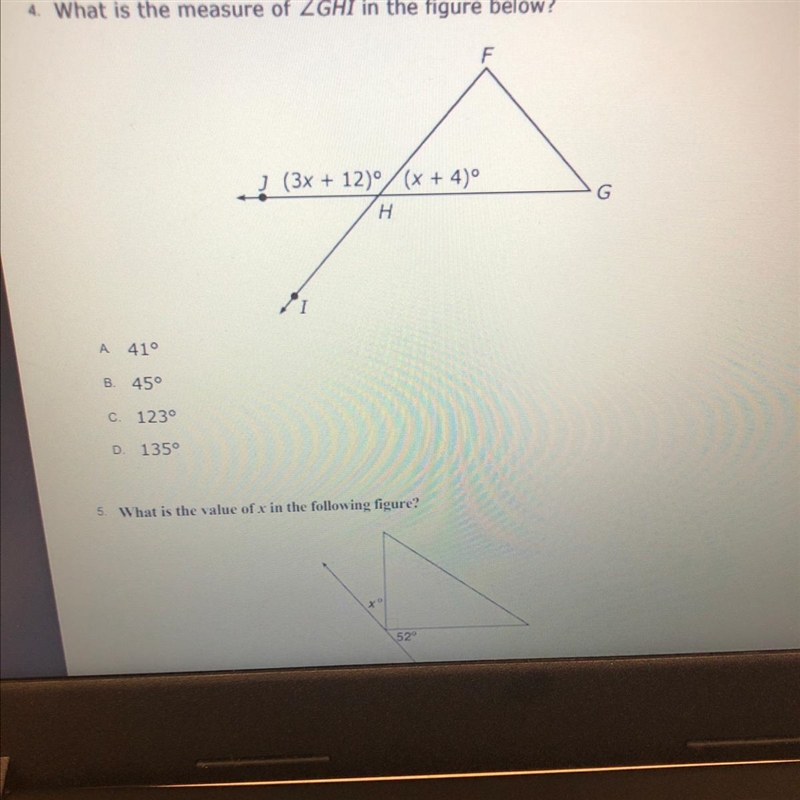 4. What is the measure of ZGHI in the figure below? j (3x + 12) (x + 4) A 41° B 45° c-example-1