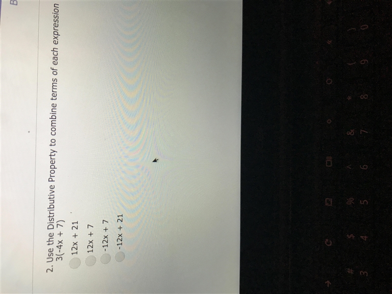 Use the Distributive property to combine terms of each expression 3(-4x+7)-example-1