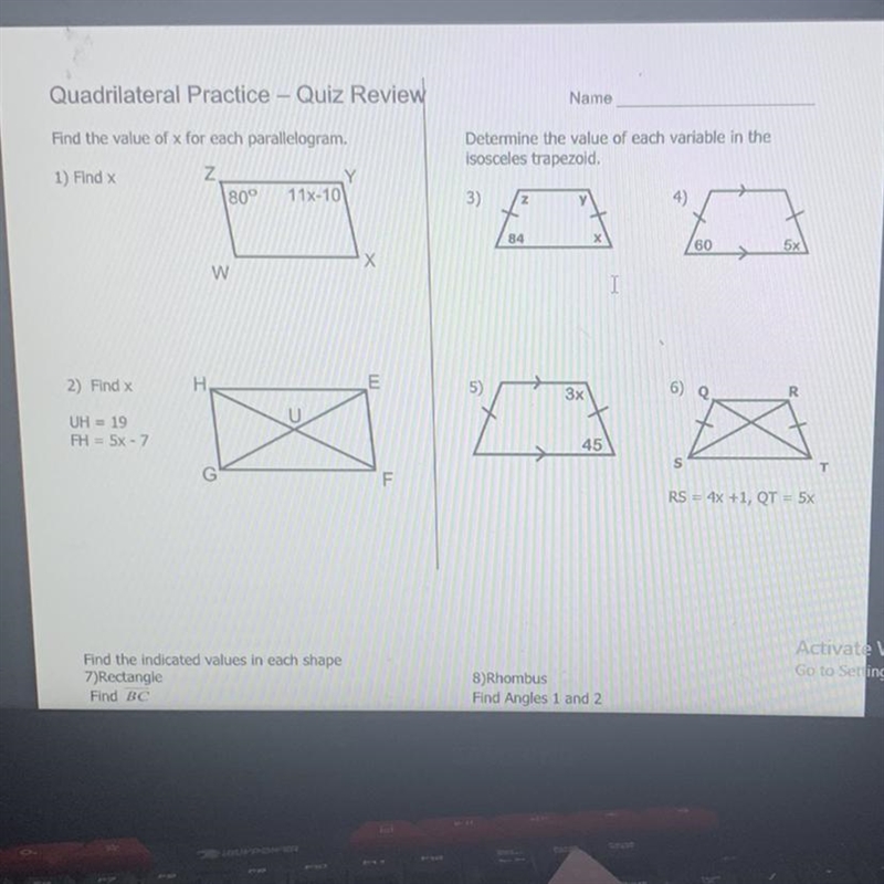 Name Determine the value of each variable in the isosceles trapezoid 3) z у 4) 84 х-example-1