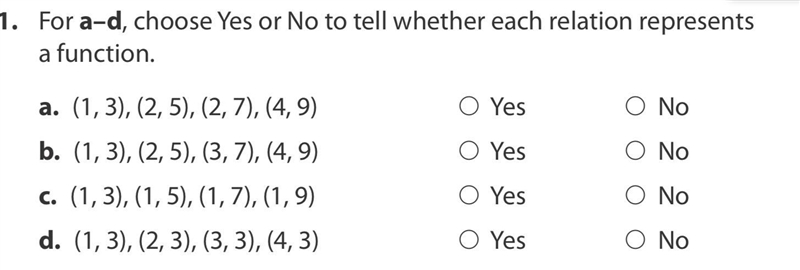 Choose Yes or No to tell whether each relation represents a function.-example-1